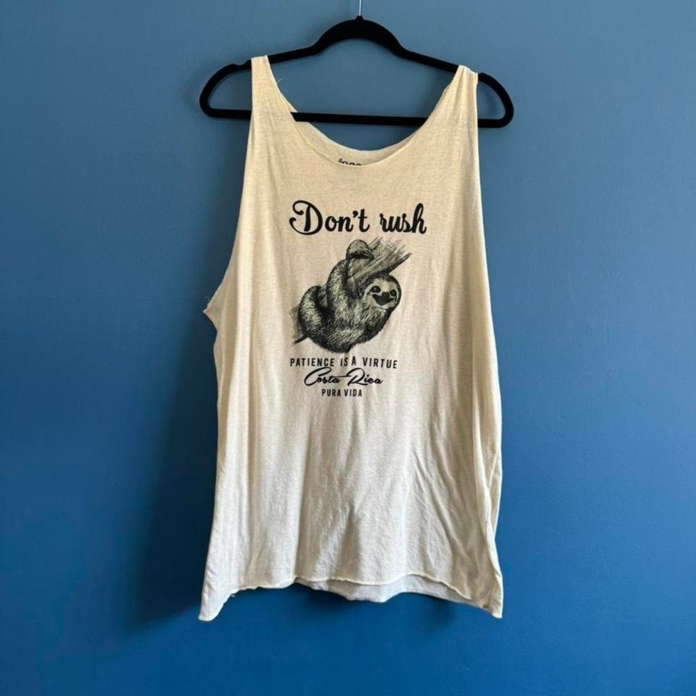 Pura Vida Sloth Tank Top Men's Size Large White Tan Summer Costa Rica Tropical